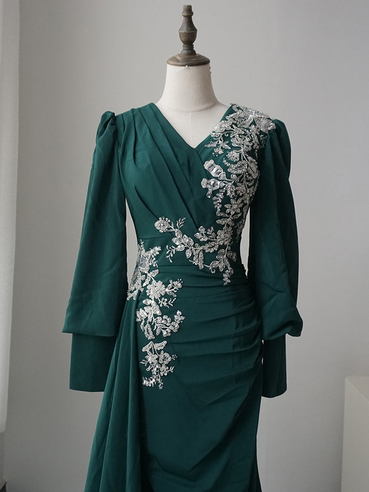 Mermaid V neck Long Sleeve Prom Dress Applique Dark Green Evening Dres SELINADRESS Mermaid V neck Long Sleeve Prom Dress Applique Dark Green Evening Dres SELINADRESS