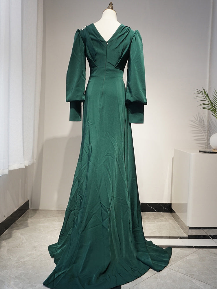 Mermaid V neck Long Sleeve Prom Dress Applique Dark Green Evening Dres SELINADRESS Mermaid V neck Long Sleeve Prom Dress Applique Dark Green Evening Dres SELINADRESS