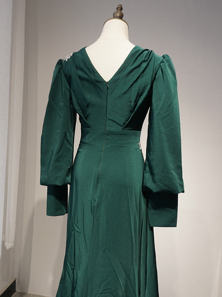 Mermaid V neck Long Sleeve Prom Dress Applique Dark Green Evening Dres SELINADRESS Mermaid V neck Long Sleeve Prom Dress Applique Dark Green Evening Dres SELINADRESS