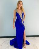 Mermaid V neck Royal Blue Prom Dress Rhinestone Long Evening Gowns #POL136|Selinadress