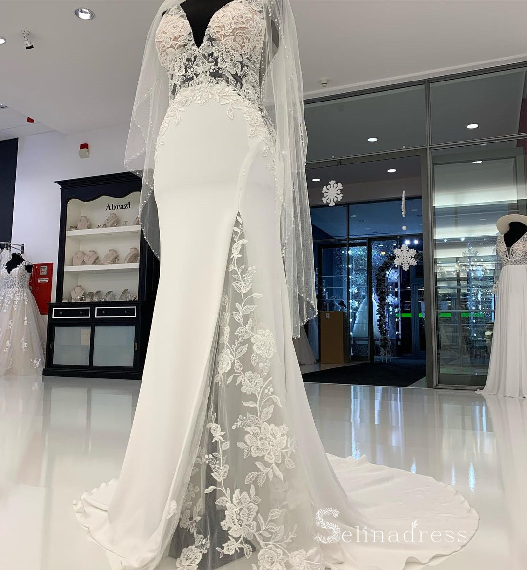 Mermaid V neck See Through Wedding Dress Thigh Split Rustic Satin Wedd SELINADRESS Mermaid V neck See Through Wedding Dress Thigh Split Rustic Satin Wedd SELINADRESS