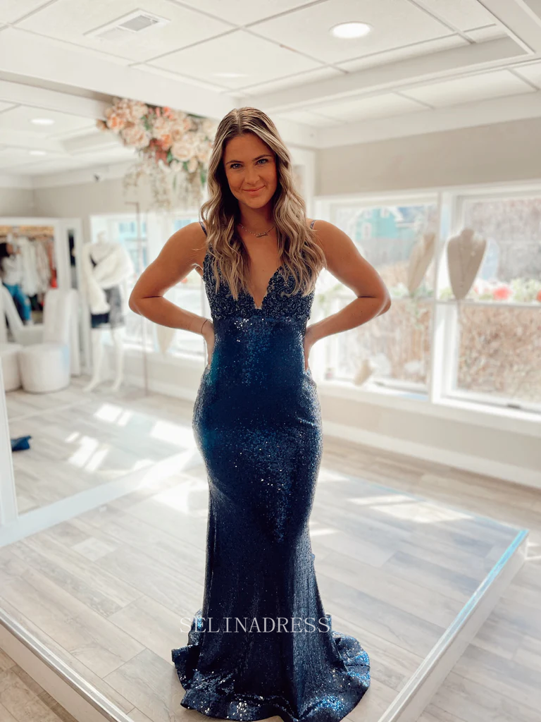 Mermaid V neck Sequins Long Prom Dress Sparkly Beaded Formal Dresses E SELINADRESS Mermaid V neck Sequins Long Prom Dress Sparkly Beaded Formal Dresses E SELINADRESS