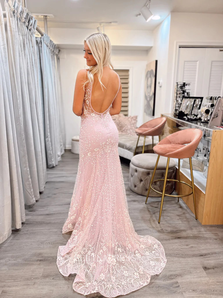 Mermaid V neck Sparkly Pink Long Prom Dress Beautiful Lace Formal Dres SELINADRESS Mermaid V neck Sparkly Pink Long Prom Dress Beautiful Lace Formal Dres SELINADRESS