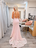 Mermaid V neck Sparkly Pink Long Prom Dress Beautiful Lace Formal Dresses KPY021|Selinadress