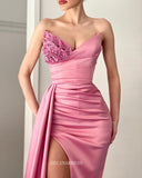 Mermaid V neck Strapless Hot Pink Prom Dress Thigh Split Satin Evening Gowns #POL115|Selinadress