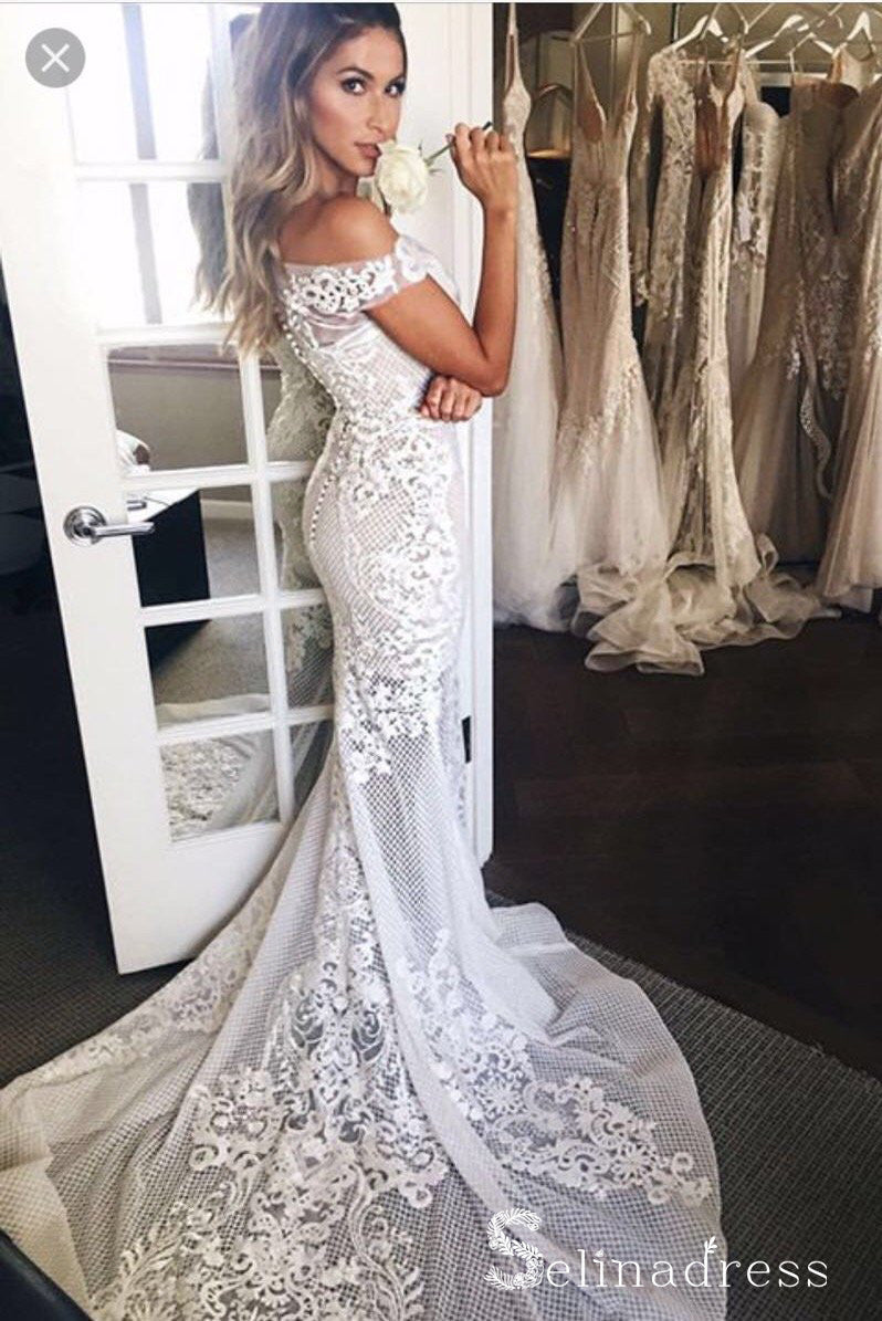 Mermaid Wedding Dresses Off-the-shoulder Sweep/Brush Train Bridal Gown SELINADRESS Mermaid Wedding Dresses Off-the-shoulder Sweep/Brush Train Bridal Gown SELINADRESS