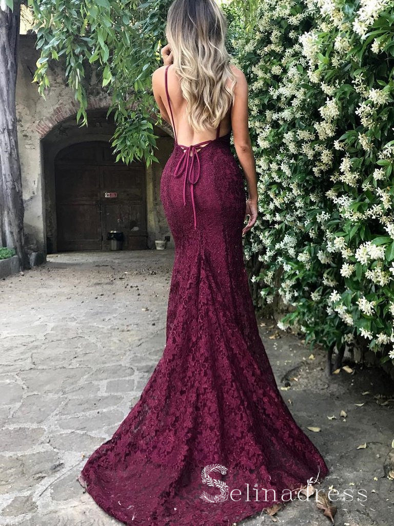 Mermiad Open Back Burgundy Prom Dresses Sexy V neck Lace Long Formal Dress SED113 Mermiad Open Back Burgundy Prom Dresses Sexy V neck Lace Long Formal Dress SED113