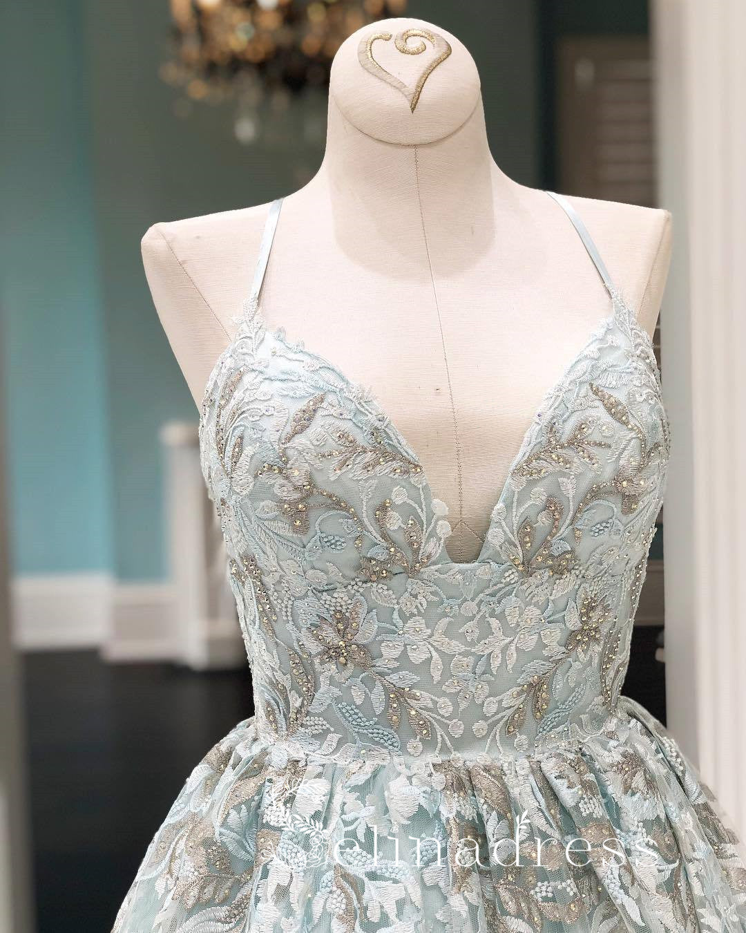 Mint Green Lace Spaghetti Straps Prom Dresses Beautiful Long Evening D SELINADRESS Mint Green Lace Spaghetti Straps Prom Dresses Beautiful Long Evening D SELINADRESS