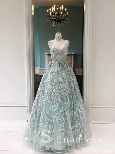 Mint Green Lace Spaghetti Straps Prom Dresses Beautiful Long
