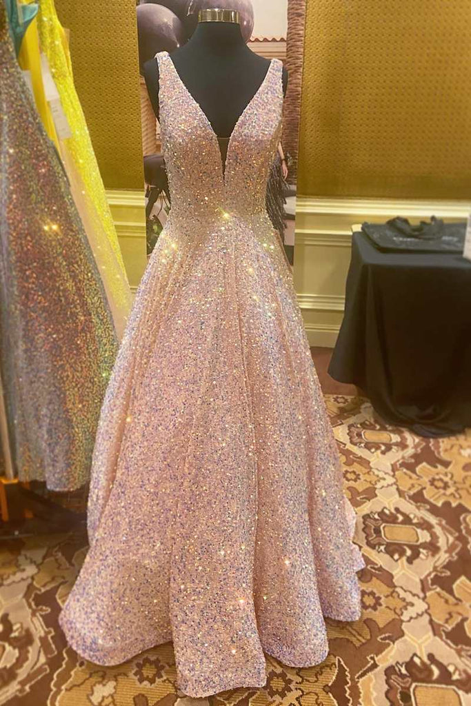 green emerald velvet dress Modest Pink V neck Ball Gown Sequins Prom Dress Formal Dresses #QWE012