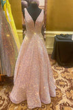 Modest Pink V neck Ball Gown Sequins Prom Dress Formal Dresses #QWE012|Selinadress