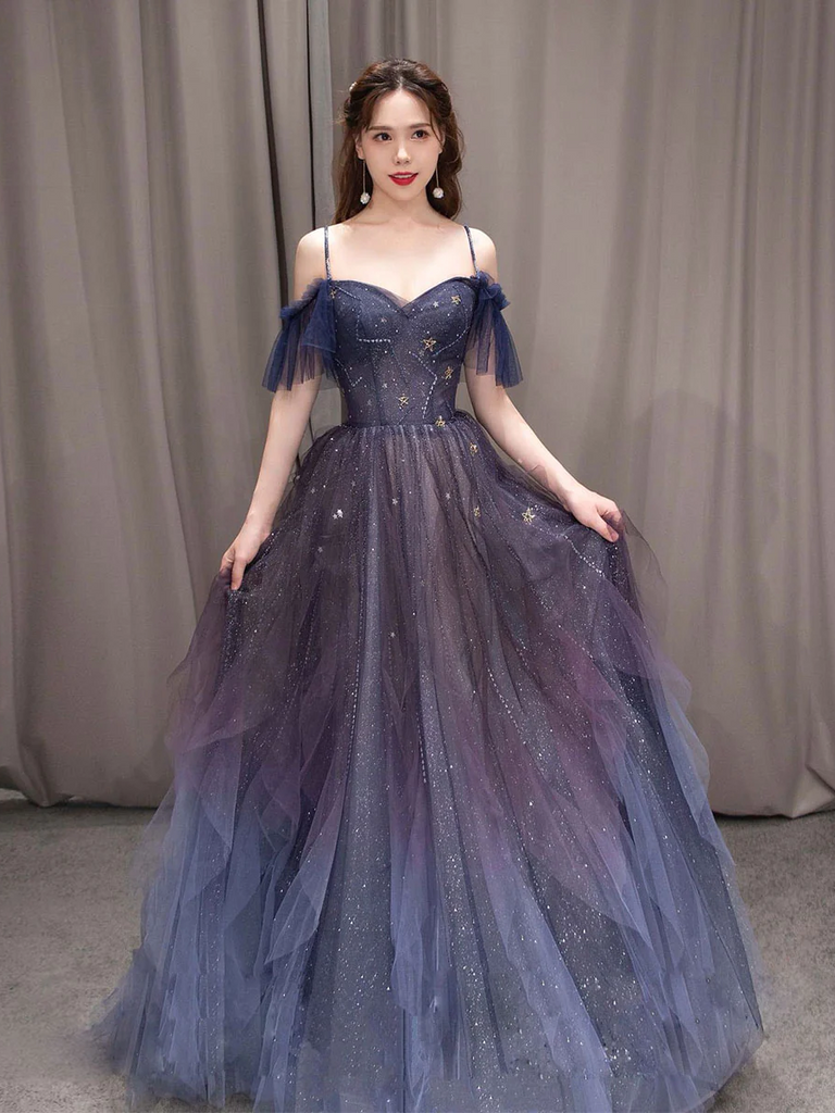 open lace back dress Backless Long Flowy Beading Tulle Prom Dresses Elegant Party Dresses main image 1