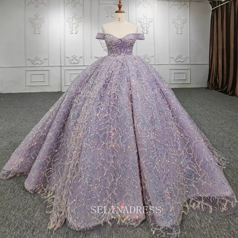 Off Shoulder Ball Gown Sequined Tulle Plus Size Princess Dress Beautif SELINADRESS Off Shoulder Ball Gown Sequined Tulle Plus Size Princess Dress Beautif SELINADRESS