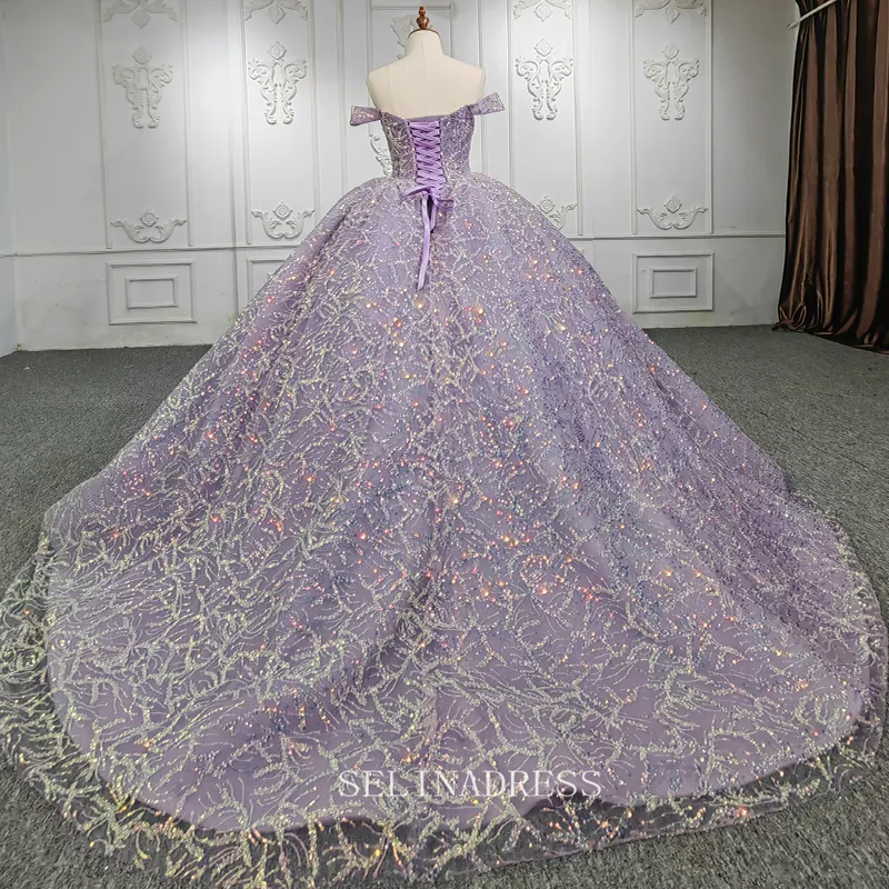 plus size princess dress Off Shoulder Ball Gown Sequined Tulle Plus Size Princess Dress Beautif – SELINADRESS