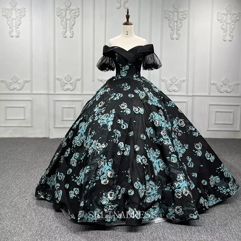 Off Shoulder Black Pattern Prom Evening Ball Gown Wedding Dress LS9534 Selinadress Off Shoulder Black Pattern Prom Evening Ball Gown Wedding Dress LS9534 Selinadress