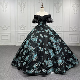 Off Shoulder Black Pattern Prom Evening Ball Gown Wedding Dress LS9534 Selinadress