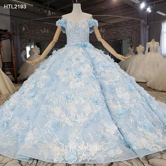 Off Shoulder Blue Lace Princess Luxurious Dubai Gown Elegant Evening Dress HTL2193 Selinadress