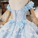 Off Shoulder Blue Lace Princess Luxurious Dubai Gown Elegant Evening Dress HTL2193 Selinadress