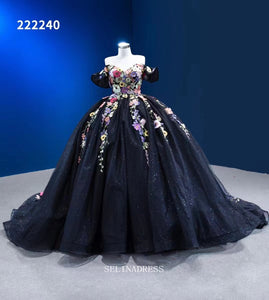 Off Shoulder Colorful Flowers Ball Gown Prom Dress Black Pageant Dress RSM222240|Selinadress