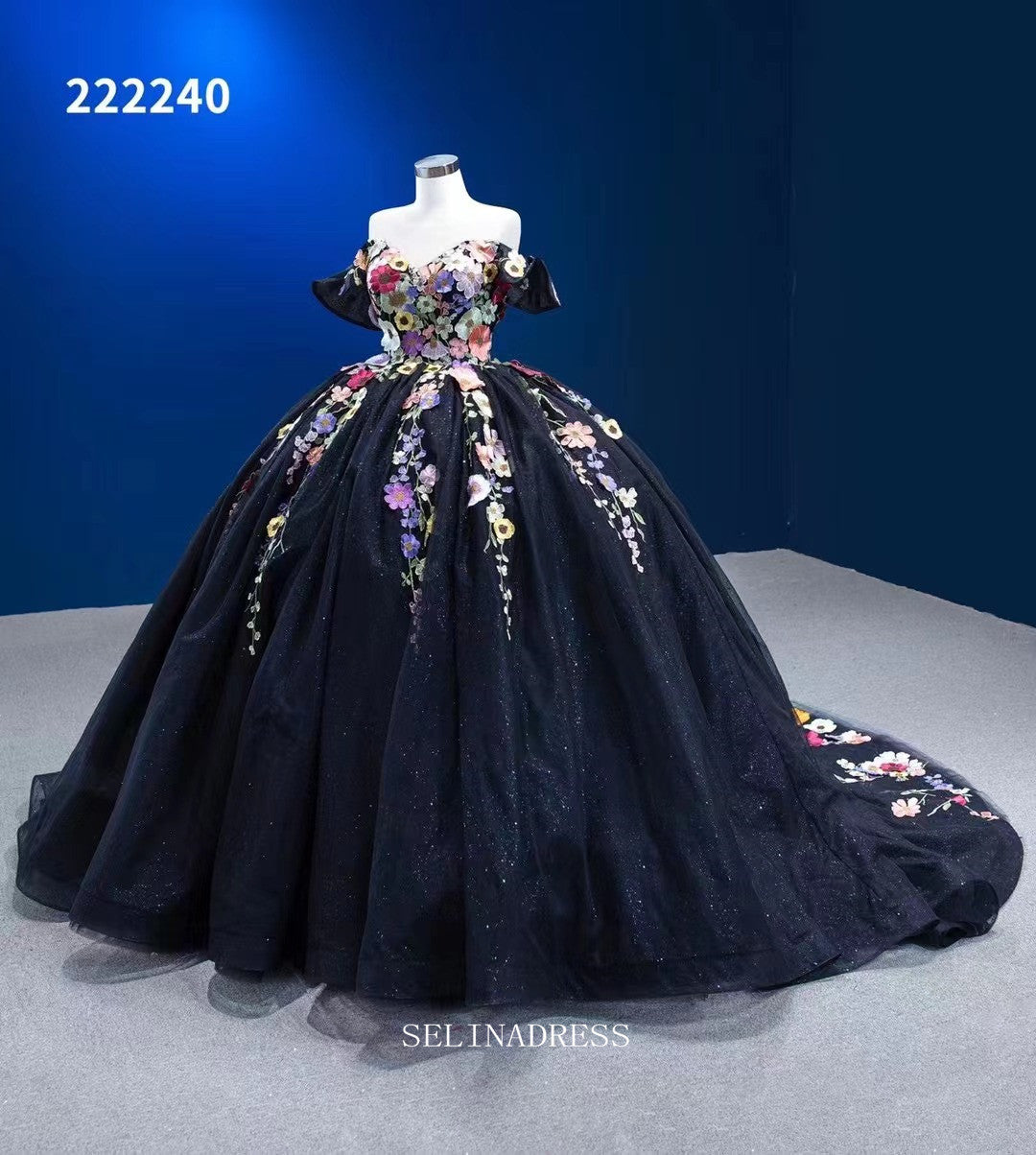 Off Shoulder Colorful Flowers Ball Gown Prom Dress Black Pageant Dress SELINADRESS Off Shoulder Colorful Flowers Ball Gown Prom Dress Black Pageant Dress SELINADRESS