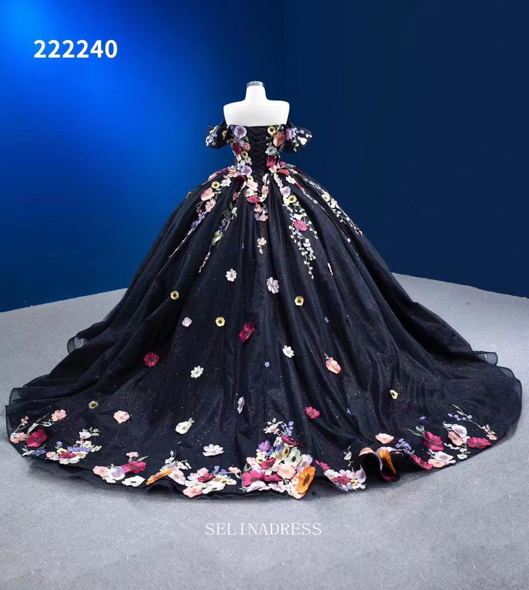 Off Shoulder Colorful Flowers Ball Gown Prom Dress Black Pageant Dress SELINADRESS Off Shoulder Colorful Flowers Ball Gown Prom Dress Black Pageant Dress SELINADRESS