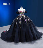 Off Shoulder Colorful Flowers Ball Gown Prom Dress Black Pageant Dress RSM222240|Selinadress