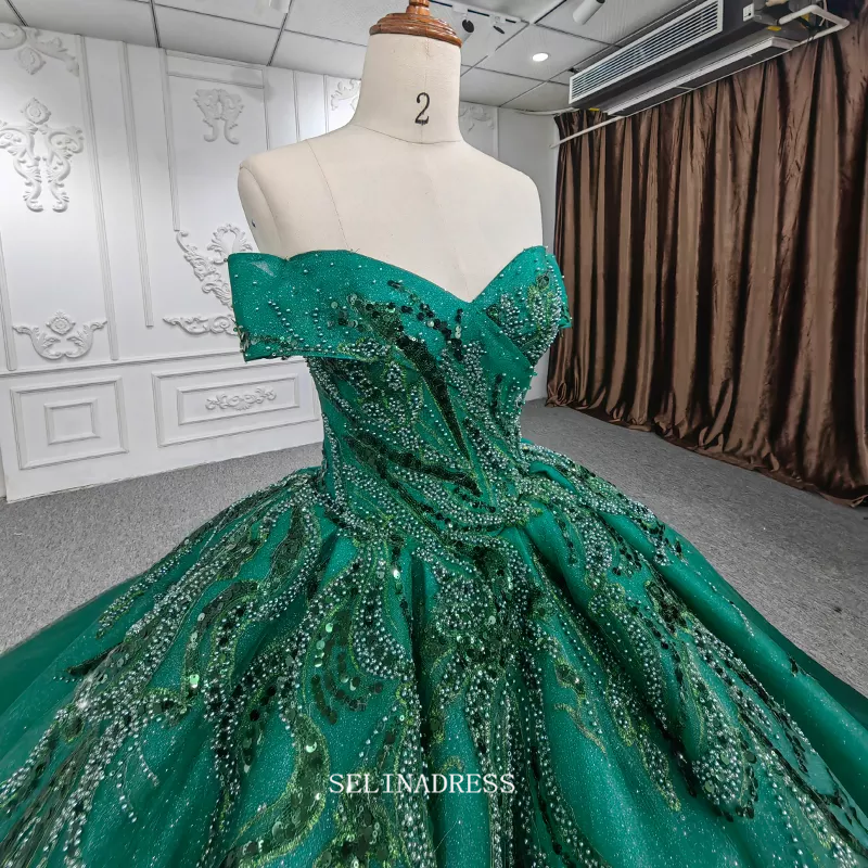 green emerald velvet dress Off Shoulder Green Ball Gown Beaded Princess Dress Beautiful Pageant Dress  DY9957