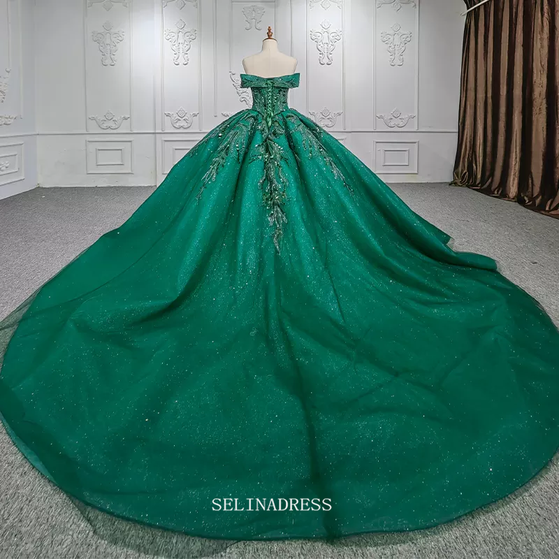 Off Shoulder Green Ball Gown Beaded Princess Dress Beautiful Pageant D SELINADRESS Off Shoulder Green Ball Gown Beaded Princess Dress Beautiful Pageant D SELINADRESS