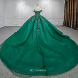 Off Shoulder Green Ball Gown Beaded Princess Dress Beautiful Pageant Dress DY9957|Selinadress
