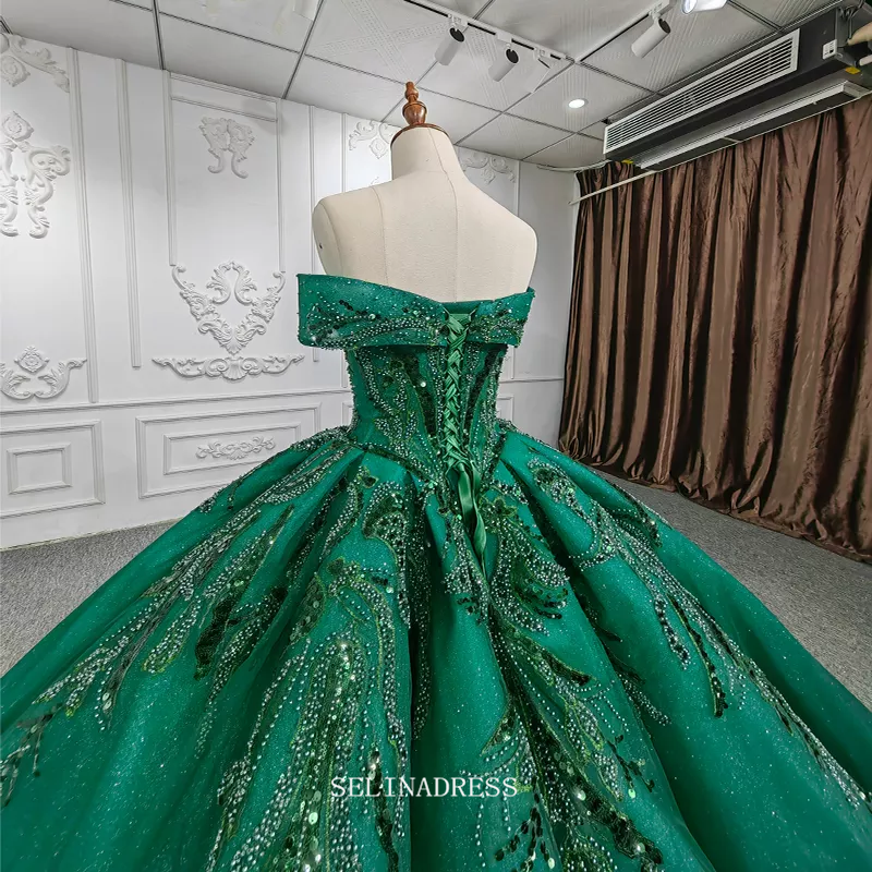Off Shoulder Green Ball Gown Beaded Princess Dress Beautiful Pageant D SELINADRESS Off Shoulder Green Ball Gown Beaded Princess Dress Beautiful Pageant D SELINADRESS