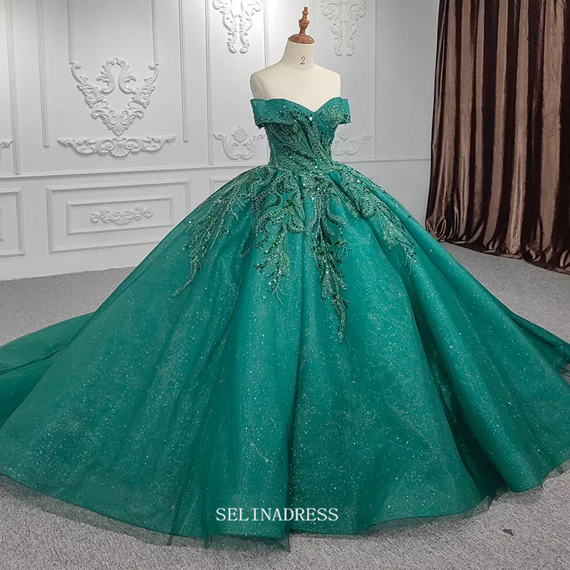 Off Shoulder Green Ball Gown Beaded Princess Dress Beautiful Pageant D SELINADRESS Off Shoulder Green Ball Gown Beaded Princess Dress Beautiful Pageant D SELINADRESS