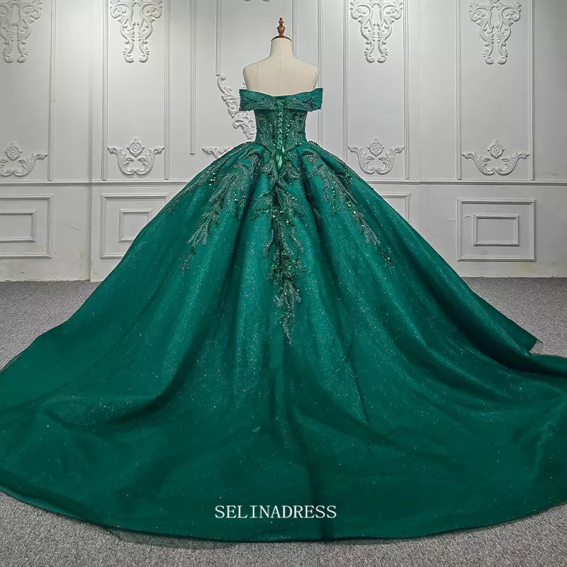 Off Shoulder Green Ball Gown Beaded Princess Dress Beautiful Pageant D SELINADRESS Off Shoulder Green Ball Gown Beaded Princess Dress Beautiful Pageant D SELINADRESS