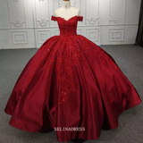 Off Shoulder Red Ball Gown Prom Dress Beaded Pageant Dress DY1106|Selinadress