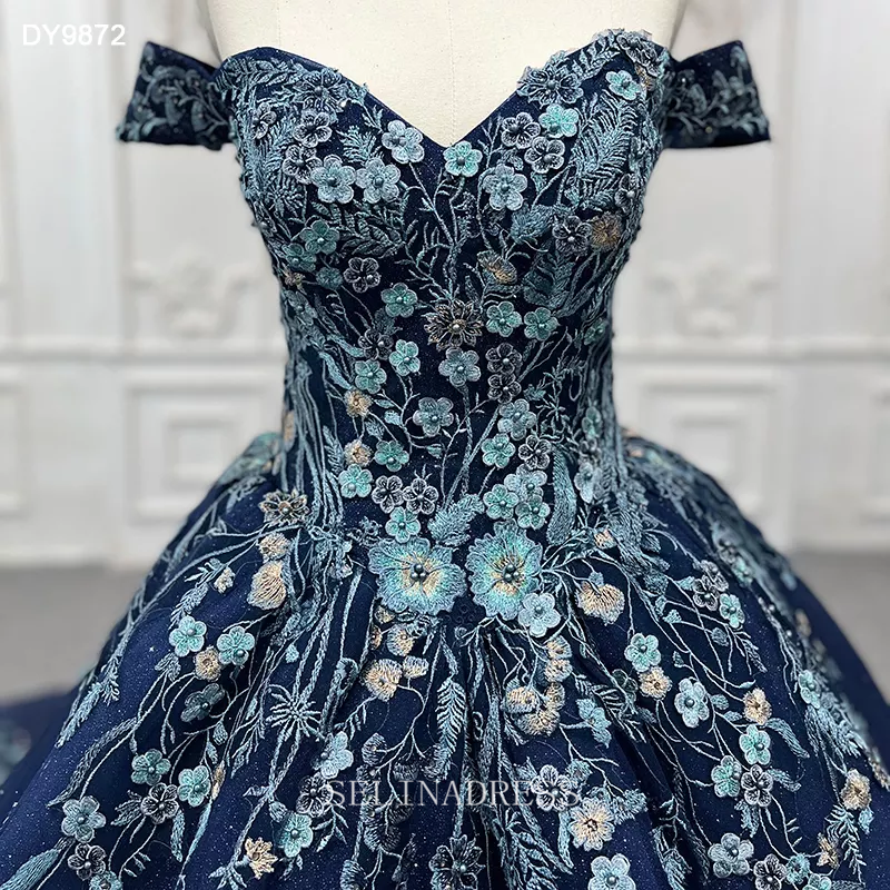 Off Shoulder Sweetheart Blue Glitter Ball Gown Embroidery Evening Dres SELINADRESS Off Shoulder Sweetheart Blue Glitter Ball Gown Embroidery Evening Dres SELINADRESS