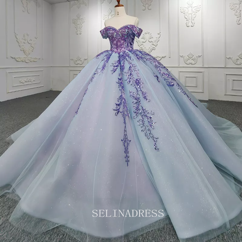 Off Shoulder Sweetheart Embroidery Beaded Elegant Organza Ball Gown Evening Dresses DY9951|Selinadress