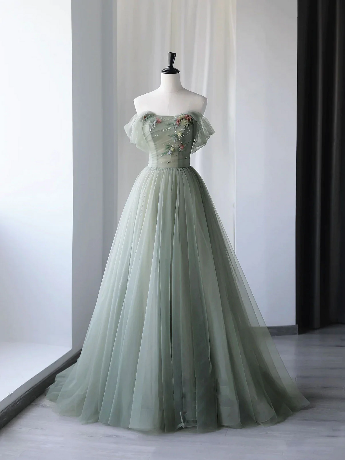 Off Shoulder Tulle Gray Green Long Prom Dress Beautiful Formal Graduat – SELINADRESS Off Shoulder Tulle Gray Green Long Prom Dress Beautiful Formal Graduat – SELINADRESS