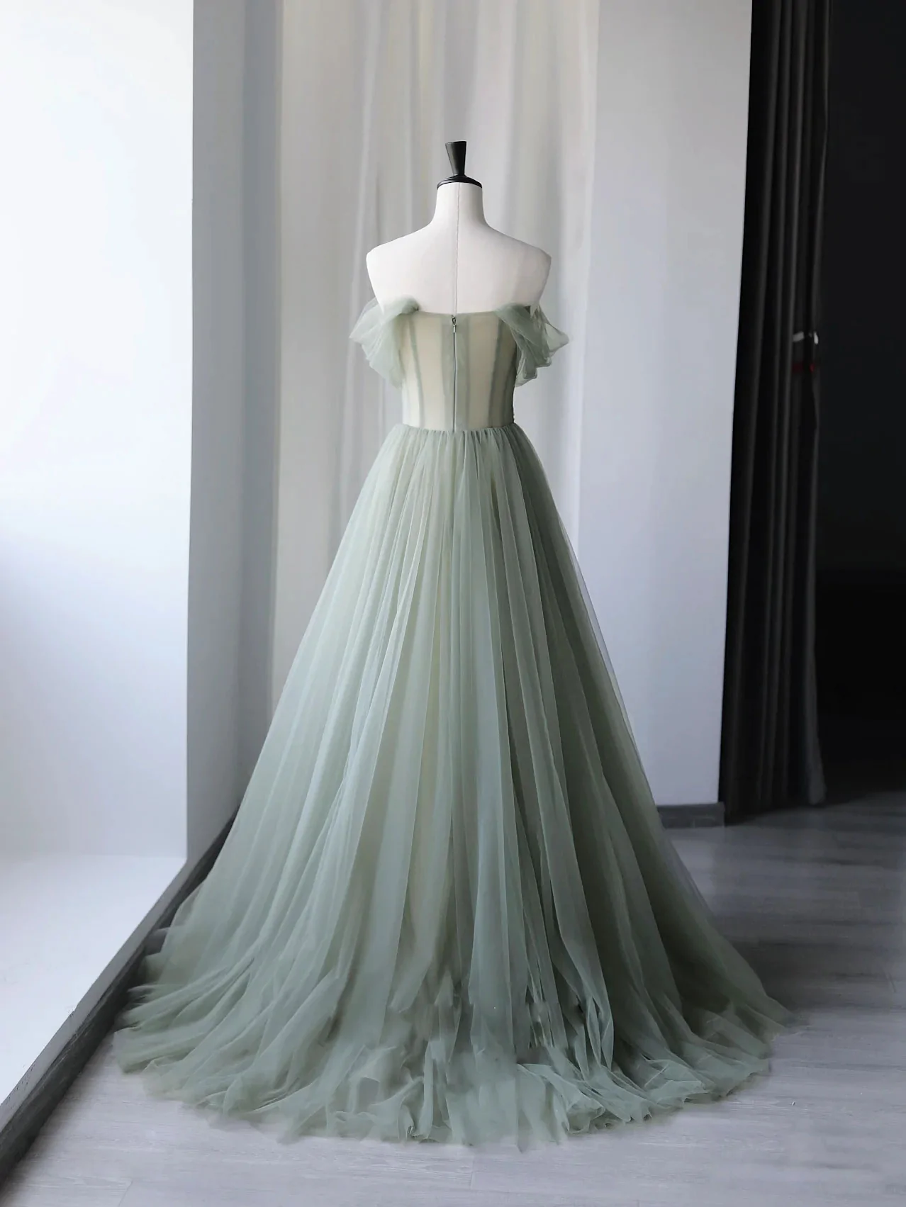 Off Shoulder Tulle Gray Green Long Prom Dress Beautiful Formal Graduat SELINADRESS Off Shoulder Tulle Gray Green Long Prom Dress Beautiful Formal Graduat SELINADRESS