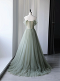 Off Shoulder Tulle Gray Green Long Prom Dress Beautiful Formal Graduation Dresses LOP350|Selinadress