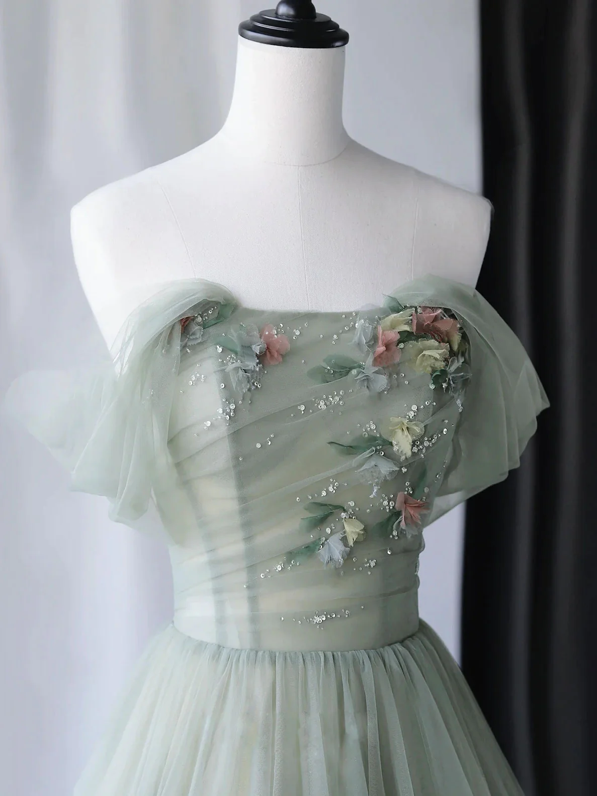 Off Shoulder Tulle Gray Green Long Prom Dress Beautiful Formal Graduat SELINADRESS Off Shoulder Tulle Gray Green Long Prom Dress Beautiful Formal Graduat SELINADRESS