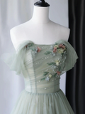 Off Shoulder Tulle Gray Green Long Prom Dress Beautiful Formal Graduation Dresses LOP350|Selinadress