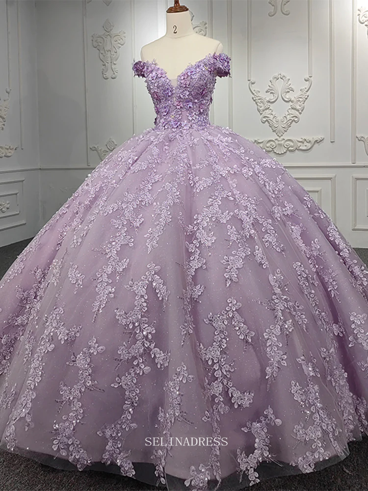 Off-the-shoulder 3D Floral Lace Long Formal Dress Lilac Quinceanera Ba SELINADRESS Off-the-shoulder 3D Floral Lace Long Formal Dress Lilac Quinceanera Ba SELINADRESS