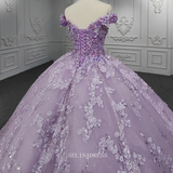 Off-the-shoulder 3D Floral Lace Long Formal Dress Lilac Quinceanera Ball Gown Evening Dresses MLH06986|Selinadress