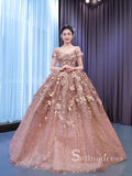 Off-the Shoulder 3D Floral Long Prom Dress luxurious Ball Gown Pink Evening Dress RSM67434