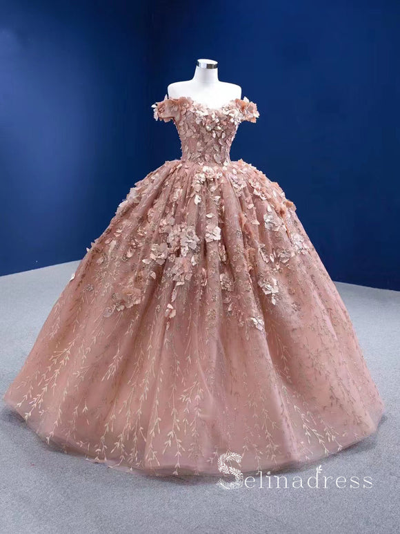 Off-the Shoulder 3D Floral Long Prom Dress luxurious Ball Gown Pink Evening Dress RSM67434