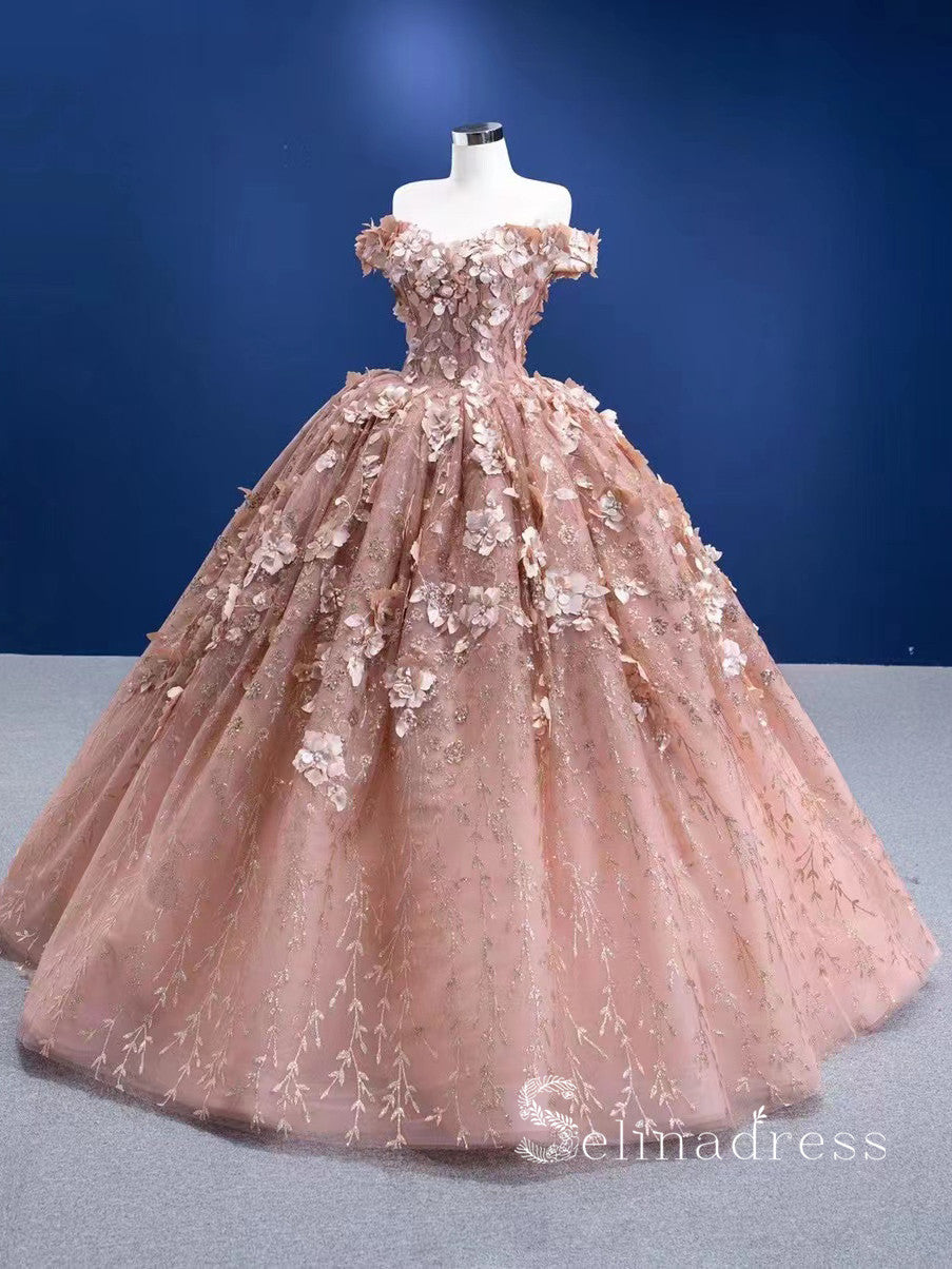 Off-the Shoulder 3D Floral Long Prom Dress luxurious Ball Gown