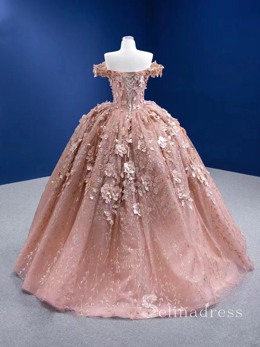 Off-the Shoulder 3D Floral Long Prom Dress luxurious Ball Gown