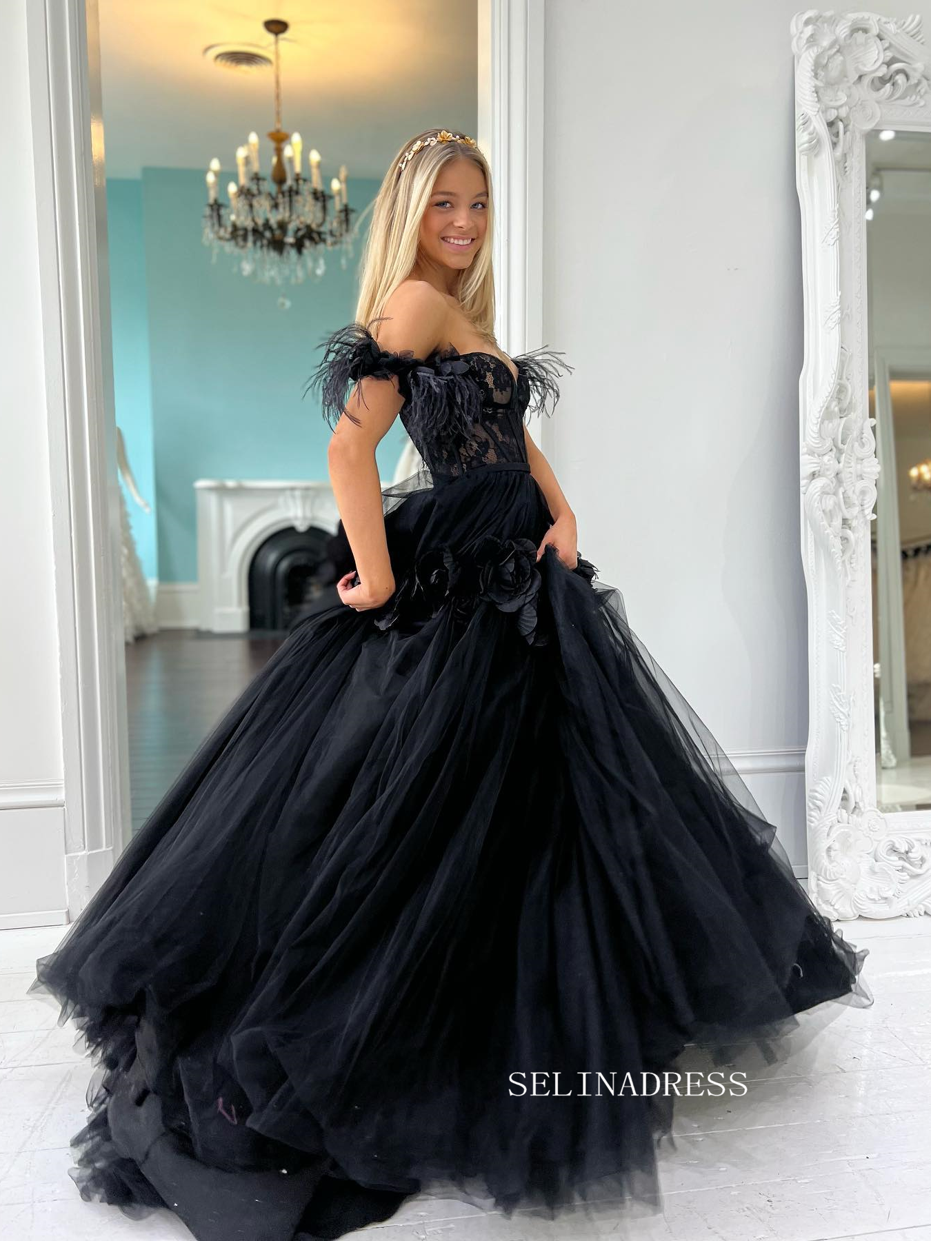 Off-the-shoulder Ball Gown Prom Dress Elegant Black Pagaent Dress Prin SELINADRESS Off-the-shoulder Ball Gown Prom Dress Elegant Black Pagaent Dress Prin SELINADRESS
