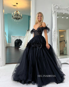 Off-the-shoulder Ball Gown Prom Dress Elegant Black Pagaent Dress Princess Dress #JKP008|Selinadress