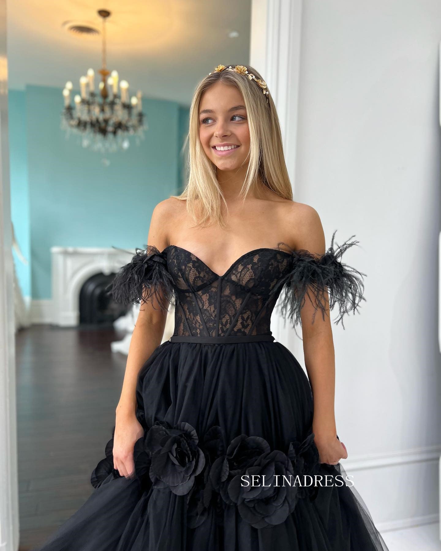 Off-the-shoulder Ball Gown Prom Dress Elegant Black Pagaent Dress Prin – SELINADRESS Off-the-shoulder Ball Gown Prom Dress Elegant Black Pagaent Dress Prin – SELINADRESS
