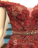 Off-the-shoulder Burgundy Prom Dresses Long Formal Gowns Lace Velvet Evening Dress SED152|Selinadress